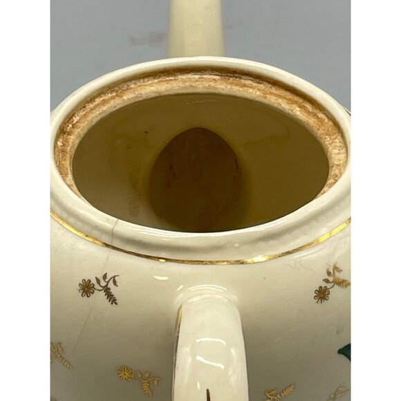 Tea pot & lid floral gold trim glass USA green red gold length 7" width 10" READ - Picture 3 of 10